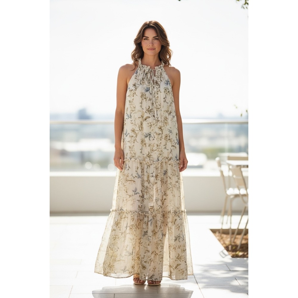 Drew Floral Halter Maxi Dress Tiered Chiffon Cream Brown Small RN 83059